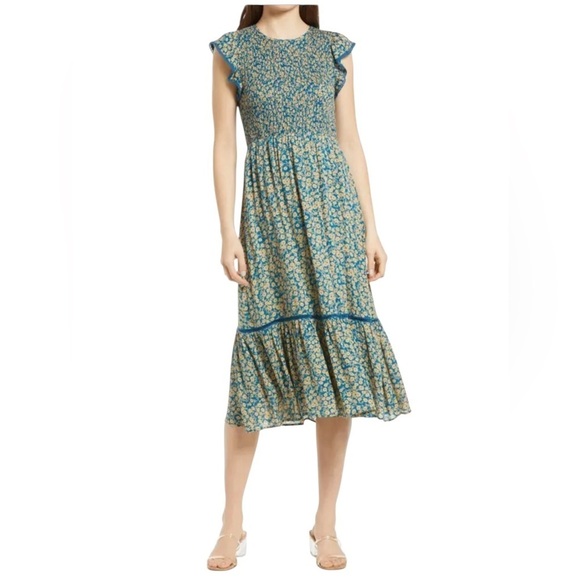 Lost + Wander Dresses & Skirts - Lost + Wander Blossom Bloom Teal Gold Ditzy Floral Smocked Bodice Dress SZ XS